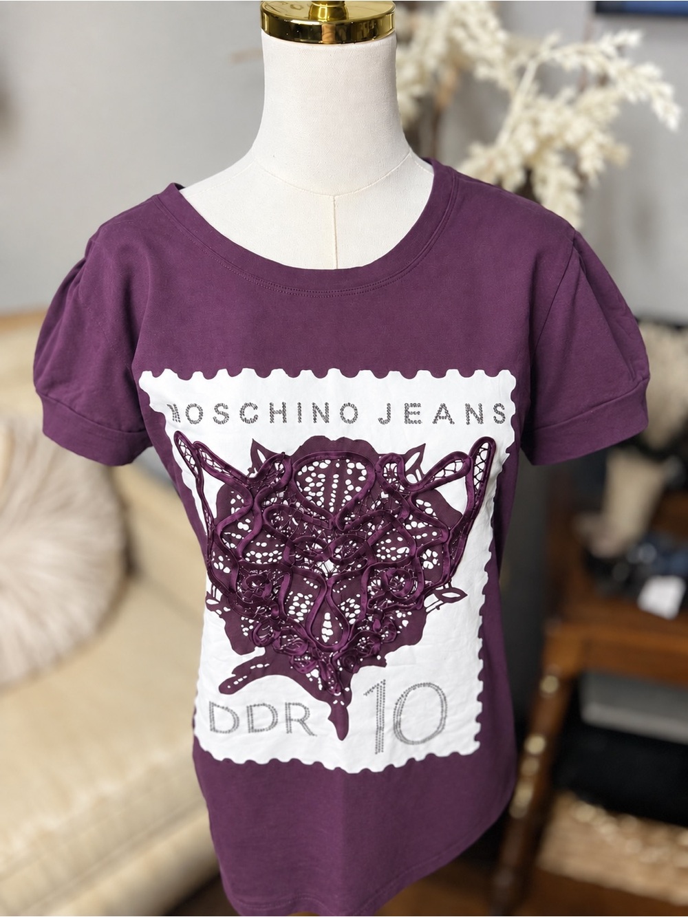 Moschino Jeans Women’s Medium Purple Graphic Appliqué Puff Sleeve T-Shirt Y2K